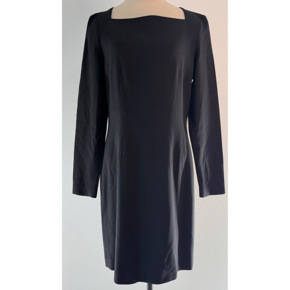 Vintage 90s Ann Taylor Black 100% Wool Sheath Dress Classic Square Neck LBD 6